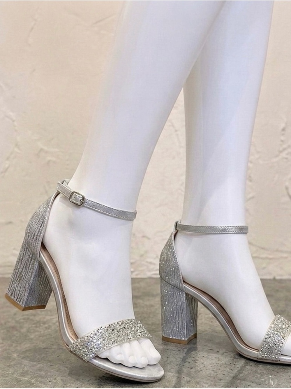 Silver Glitter Block Heel Sandals with Ankle Strap